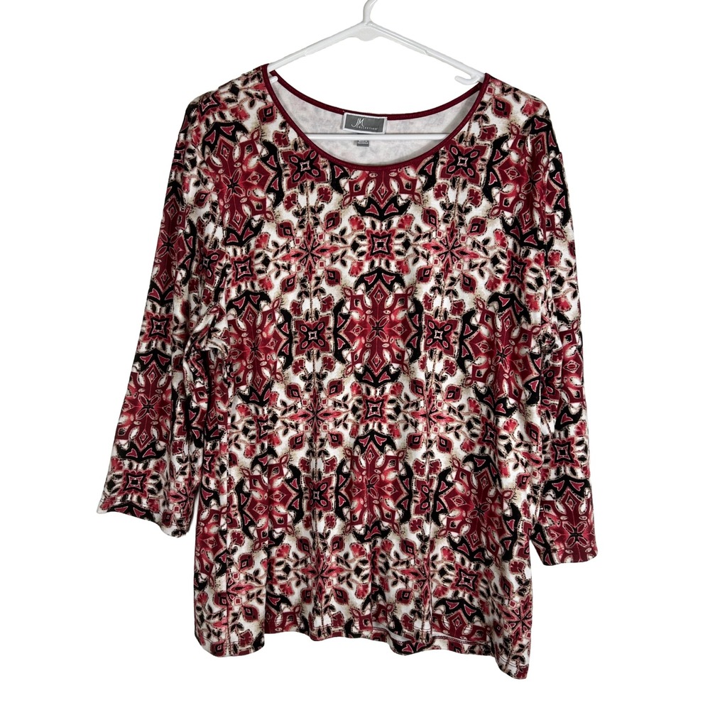 JM Collection‎ Women XL Red Black Geometric Kaleidoscope 3/4 Sleeve Scoop Neck